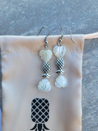 Upside Down Pineapple White Palm Leaves Earrings, Spinner Earrings, Tropical Pineapple Jewelry, Resort Vacation Earrings for the lifestyle