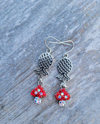 Glitter Mushrooms with Upside Down Pineapple Silver Earrings, Mushroom Earrings, Pineapple Jewelry, Alternative Lifestyle