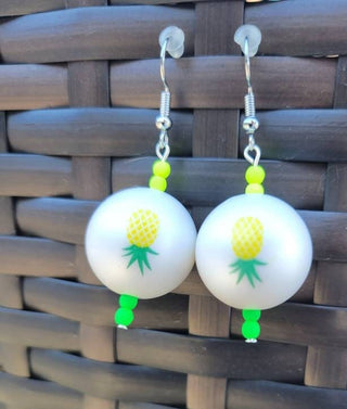 Upside Down Pineapple Earrings / Large Ball Earrings with bright green and yellow beads / Swinger Earrings / Tropical Earrings