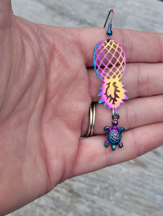 Holographic Pineapple and Turtle Earrings for the lifestyle, Swinger Upside Down Pineapple Earrings, Alternative Lifestyle Earrings