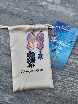 Holographic Pineapple and Turtle Earrings for the lifestyle, Swinger Upside Down Pineapple Earrings, Alternative Lifestyle Earrings