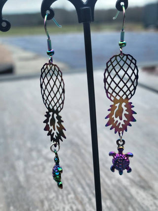 Holographic Pineapple and Turtle Earrings for the lifestyle, Swinger Upside Down Pineapple Earrings, Alternative Lifestyle Earrings
