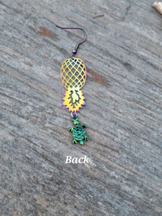 Holographic Pineapple and Turtle Earrings for the lifestyle, Swinger Upside Down Pineapple Earrings, Alternative Lifestyle Earrings