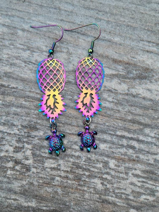 Holographic Pineapple and Turtle Earrings for the lifestyle, Swinger Upside Down Pineapple Earrings, Alternative Lifestyle Earrings