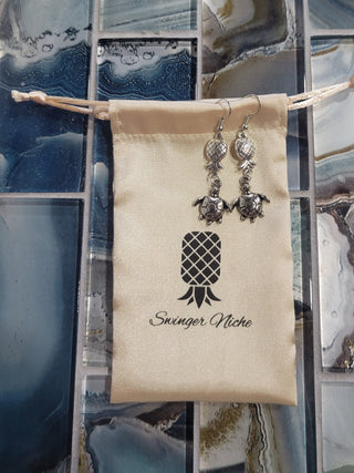 Upside Down Pineapple and Turtle Earrings / Silver Turtle / Swinger Pineapple earrings with a silver turtle / Lifestyle Earrings
