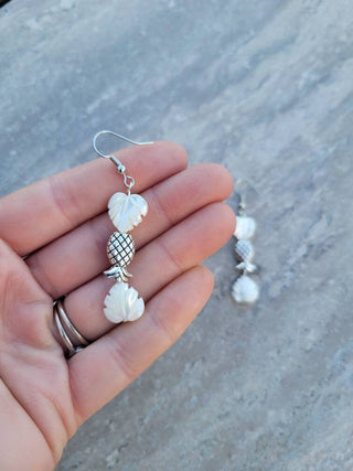 Upside Down Pineapple White Palm Leaves Earrings, Spinner Earrings, Tropical Pineapple Jewelry, Resort Vacation Earrings for the lifestyle