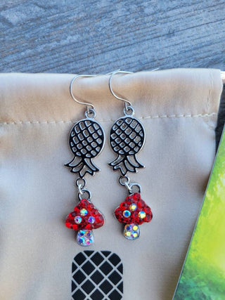 Glitter Mushrooms with Upside Down Pineapple Silver Earrings, Mushroom Earrings, Pineapple Jewelry, Alternative Lifestyle