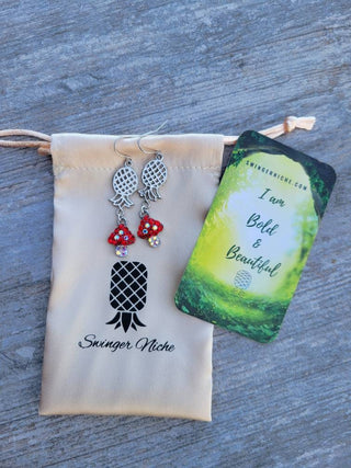 Glitter Mushrooms with Upside Down Pineapple Silver Earrings, Mushroom Earrings, Pineapple Jewelry, Alternative Lifestyle