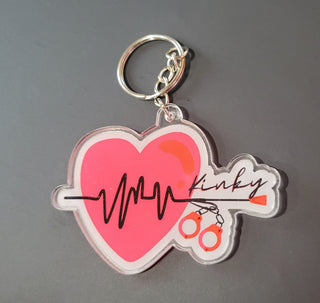 Kinky Keychain or Zipper Pull, Red Heartbeat with whip and handcuffs, BDSM Decor, Acrylic Silver Keychain, Gift for Sub or Dom