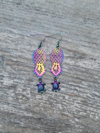 Holographic Pineapple and Turtle Earrings for the lifestyle, Swinger Upside Down Pineapple Earrings, Alternative Lifestyle Earrings