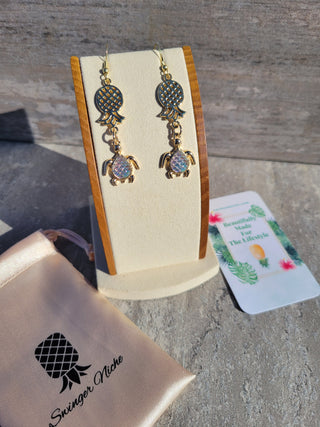 Upside Down Pineapple Sea Turtle Earrings / Holographic Turtle / Gold Swinger Pineapple earrings with a gold sea turtle