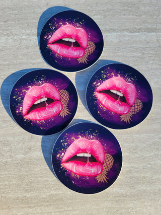 Glossy Luscious Pink lips with a Gold Upside Down Pineapple, Glossy Sticker, Tumbler sticker, Hotwife Decor, Swinger Lifestyle