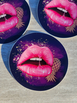 Glossy Luscious Pink lips with a Gold Upside Down Pineapple, Glossy Sticker, Tumbler sticker, Hotwife Decor, Swinger Lifestyle