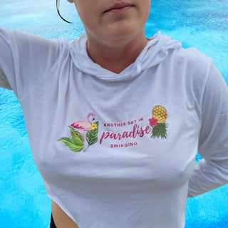Women's Cropped Hoddie, Size M, Another Day In Paradise Swinging, White Shirt, Upside Down Pineapple Shirt for the Lifestyle