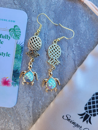 Upside Down Pineapple Sea Turtle Earrings / Holographic Turtle / Gold Swinger Pineapple earrings with a gold sea turtle