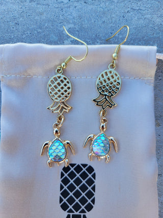 Upside Down Pineapple Sea Turtle Earrings / Holographic Turtle / Gold Swinger Pineapple earrings with a gold sea turtle