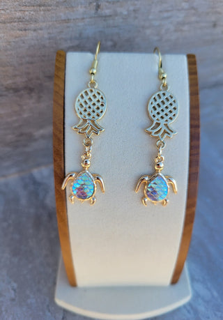 Upside Down Pineapple Sea Turtle Earrings / Holographic Turtle / Gold Swinger Pineapple earrings with a gold sea turtle
