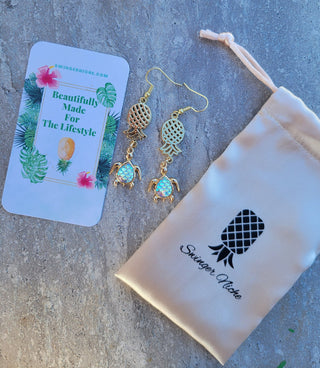 Upside Down Pineapple Sea Turtle Earrings / Holographic Turtle / Gold Swinger Pineapple earrings with a gold sea turtle