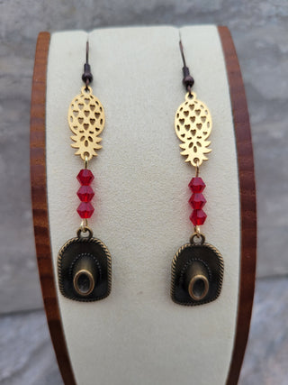Western Night Earrings, Upsidedown Pineapple Earrings with a Cowgirl/Cowgirl Western Hat, Gemstone Options Available, Swinger Theme Earrings