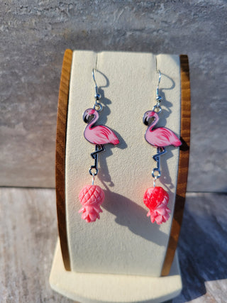 Pink Flamingo and Pineapple Earrings, Tropical Resort Jewelry for the Swinger Lifestyle, Upside Down Pineapple Pink Earrings
