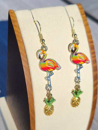 Rainbow Flamingo and Pineapple Earrings, Mixed Metals, Tropical Summer Earrings, Gift for Her