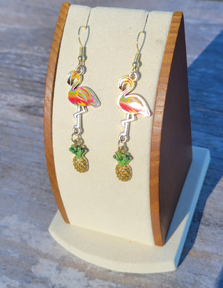 Rainbow Flamingo and Pineapple Earrings, Mixed Metals, Tropical Summer Earrings, Gift for Her
