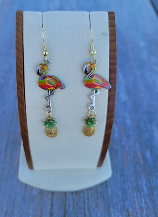 Rainbow Flamingo and Pineapple Earrings, Mixed Metals, Tropical Summer Earrings, Gift for Her