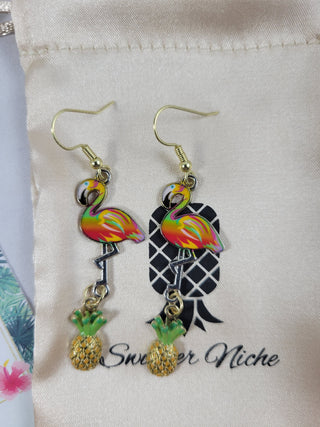 Rainbow Flamingo and Pineapple Earrings, Mixed Metals, Tropical Summer Earrings, Gift for Her