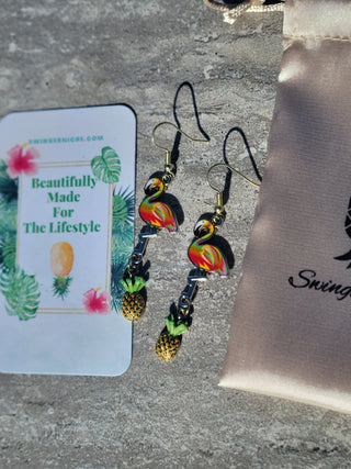 Rainbow Flamingo and Pineapple Earrings, Mixed Metals, Tropical Summer Earrings, Gift for Her