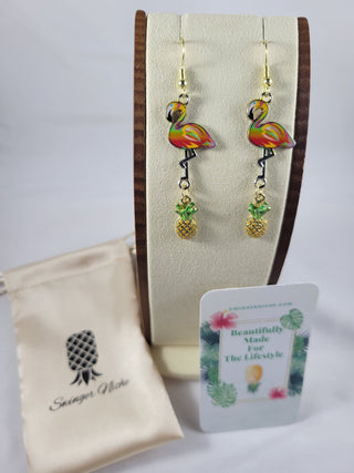 Rainbow Flamingo and Pineapple Earrings, Mixed Metals, Tropical Summer Earrings, Gift for Her