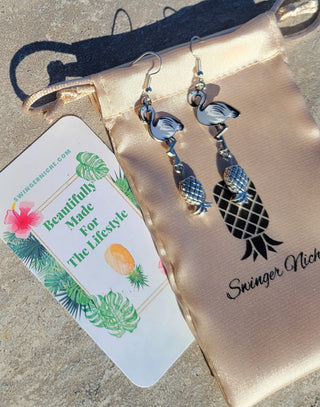 Pearl Gray Flamingo and Silver Upside Down Pineapple Earrings, Tropical Summer Earrings, Gift for Her, Swinger Lifestyle Jewelry