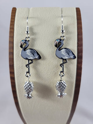 Pearl Gray Flamingo and Silver Upside Down Pineapple Earrings, Tropical Summer Earrings, Gift for Her, Swinger Lifestyle Jewelry