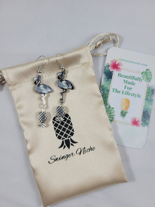 Pearl Gray Flamingo and Silver Upside Down Pineapple Earrings, Tropical Summer Earrings, Gift for Her, Swinger Lifestyle Jewelry