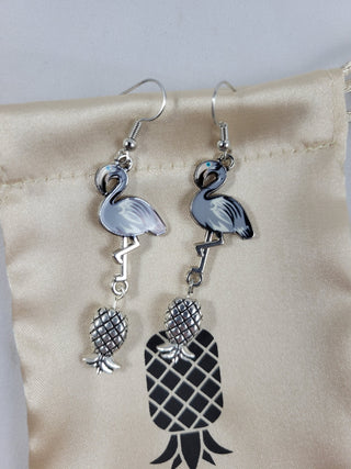 Pearl Gray Flamingo and Silver Upside Down Pineapple Earrings, Tropical Summer Earrings, Gift for Her, Swinger Lifestyle Jewelry