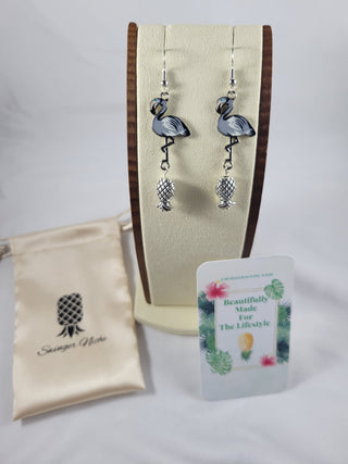 Pearl Gray Flamingo and Silver Upside Down Pineapple Earrings, Tropical Summer Earrings, Gift for Her, Swinger Lifestyle Jewelry
