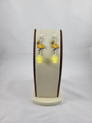 Yellow Flamingos with Translucent Yellow Upside Down Pineapple Earrings, Tropical Earrings, Silver and Yellow