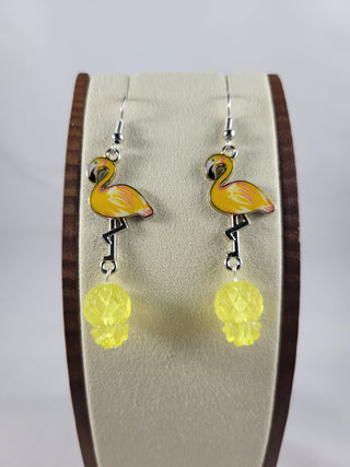 Yellow Flamingos with Translucent Yellow Upside Down Pineapple Earrings, Tropical Earrings, Silver and Yellow
