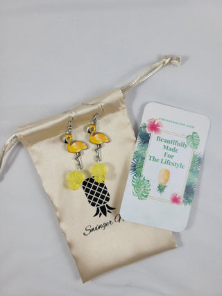 Yellow Flamingos with Translucent Yellow Upside Down Pineapple Earrings, Tropical Earrings, Silver and Yellow