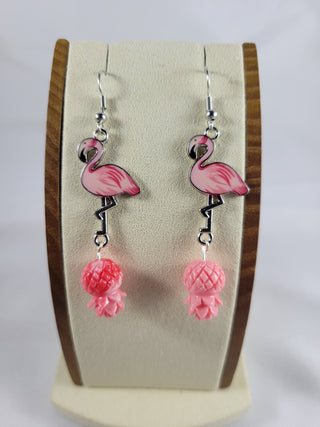 Pink Flamingo and Pineapple Earrings, Tropical Resort Jewelry for the Swinger Lifestyle, Upside Down Pineapple Pink Earrings