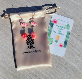 Pink Flamingo and Pineapple Earrings, Tropical Resort Jewelry for the Swinger Lifestyle, Upside Down Pineapple Pink Earrings