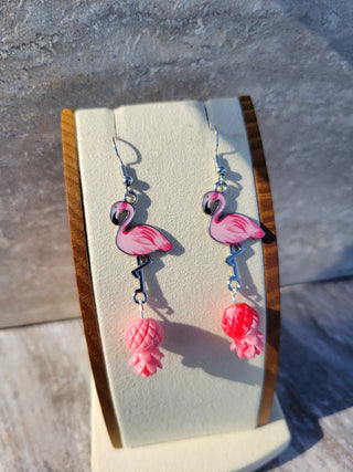 Pink Flamingo and Pineapple Earrings, Tropical Resort Jewelry for the Swinger Lifestyle, Upside Down Pineapple Pink Earrings