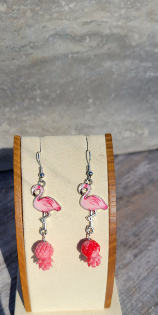 Pink Flamingo and Pineapple Earrings, Tropical Resort Jewelry for the Swinger Lifestyle, Upside Down Pineapple Pink Earrings