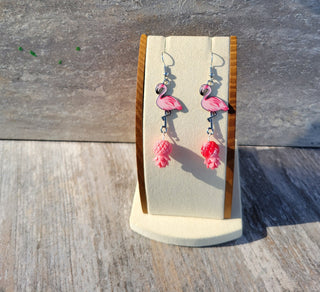Pink Flamingo and Pineapple Earrings, Tropical Resort Jewelry for the Swinger Lifestyle, Upside Down Pineapple Pink Earrings