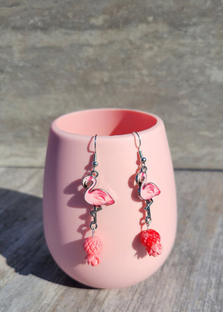 Pink Flamingo and Pineapple Earrings, Tropical Resort Jewelry for the Swinger Lifestyle, Upside Down Pineapple Pink Earrings