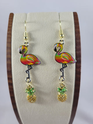Rainbow Flamingo and Pineapple Earrings, Mixed Metals, Tropical Summer Earrings, Gift for Her