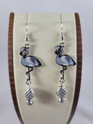 Pearl Gray Flamingo and Silver Upside Down Pineapple Earrings, Tropical Summer Earrings, Gift for Her, Swinger Lifestyle Jewelry
