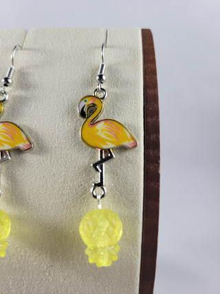Yellow Flamingos with Translucent Yellow Upside Down Pineapple Earrings, Tropical Earrings, Silver and Yellow