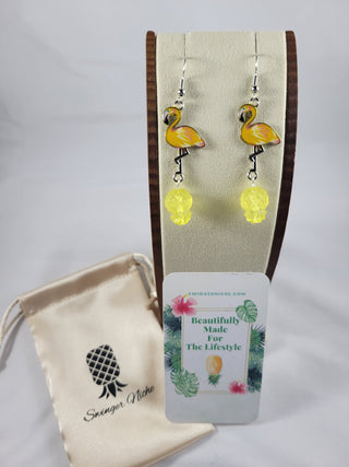 Yellow Flamingos with Translucent Yellow Upside Down Pineapple Earrings, Tropical Earrings, Silver and Yellow