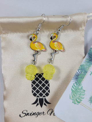 Yellow Flamingos with Translucent Yellow Upside Down Pineapple Earrings, Tropical Earrings, Silver and Yellow