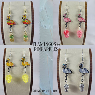 Pearl Gray Flamingo and Silver Upside Down Pineapple Earrings, Tropical Summer Earrings, Gift for Her, Swinger Lifestyle Jewelry